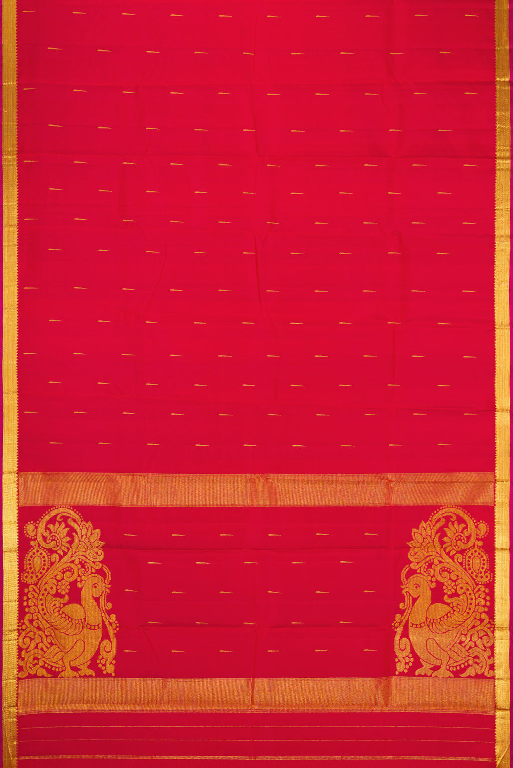 Flat view of Red Kanjivaram Silk Saree with Zari Butta on the body and Zari Border. 