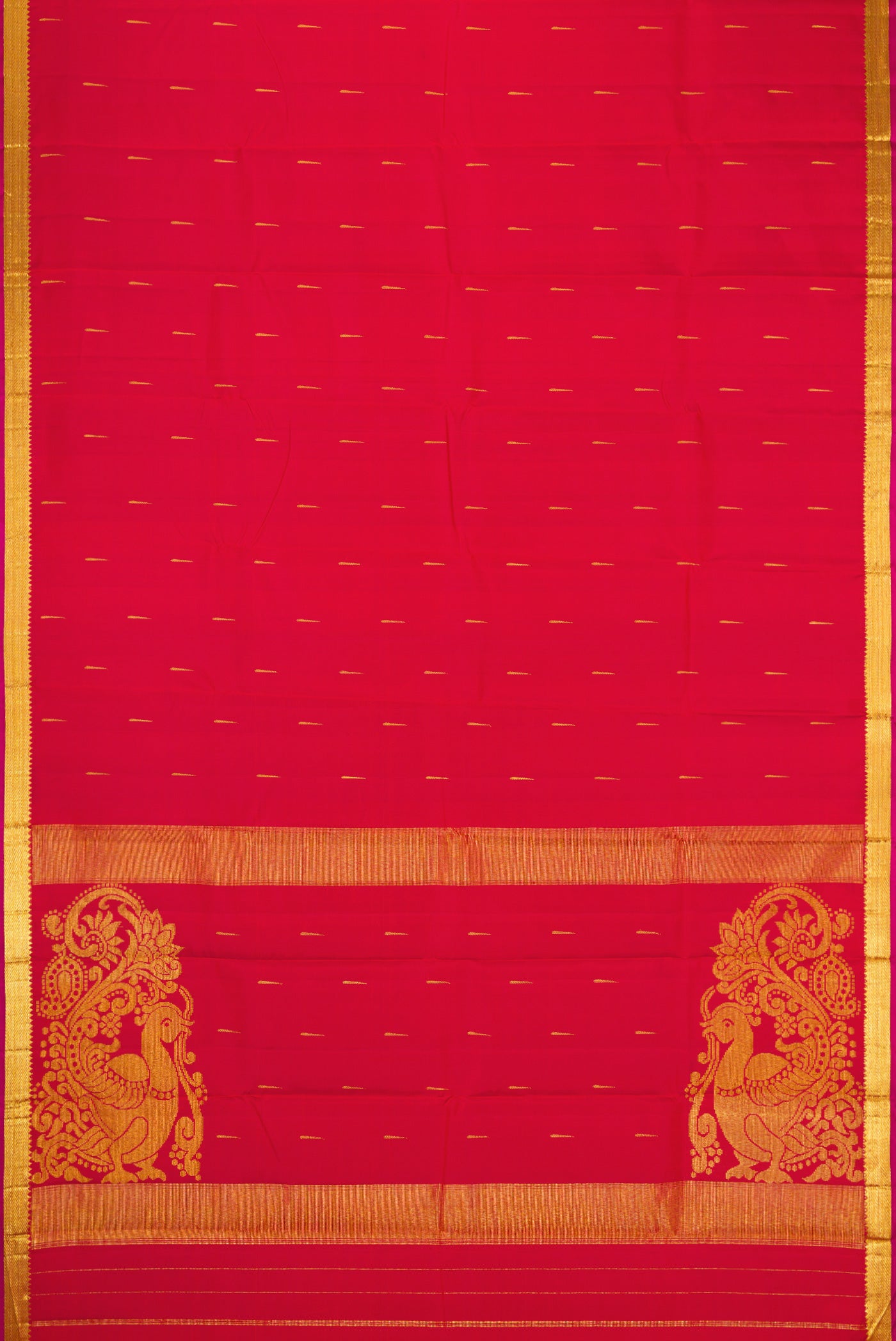 Flat view of Red Kanjivaram Silk Saree with Zari Butta on the body and Zari Border. 
