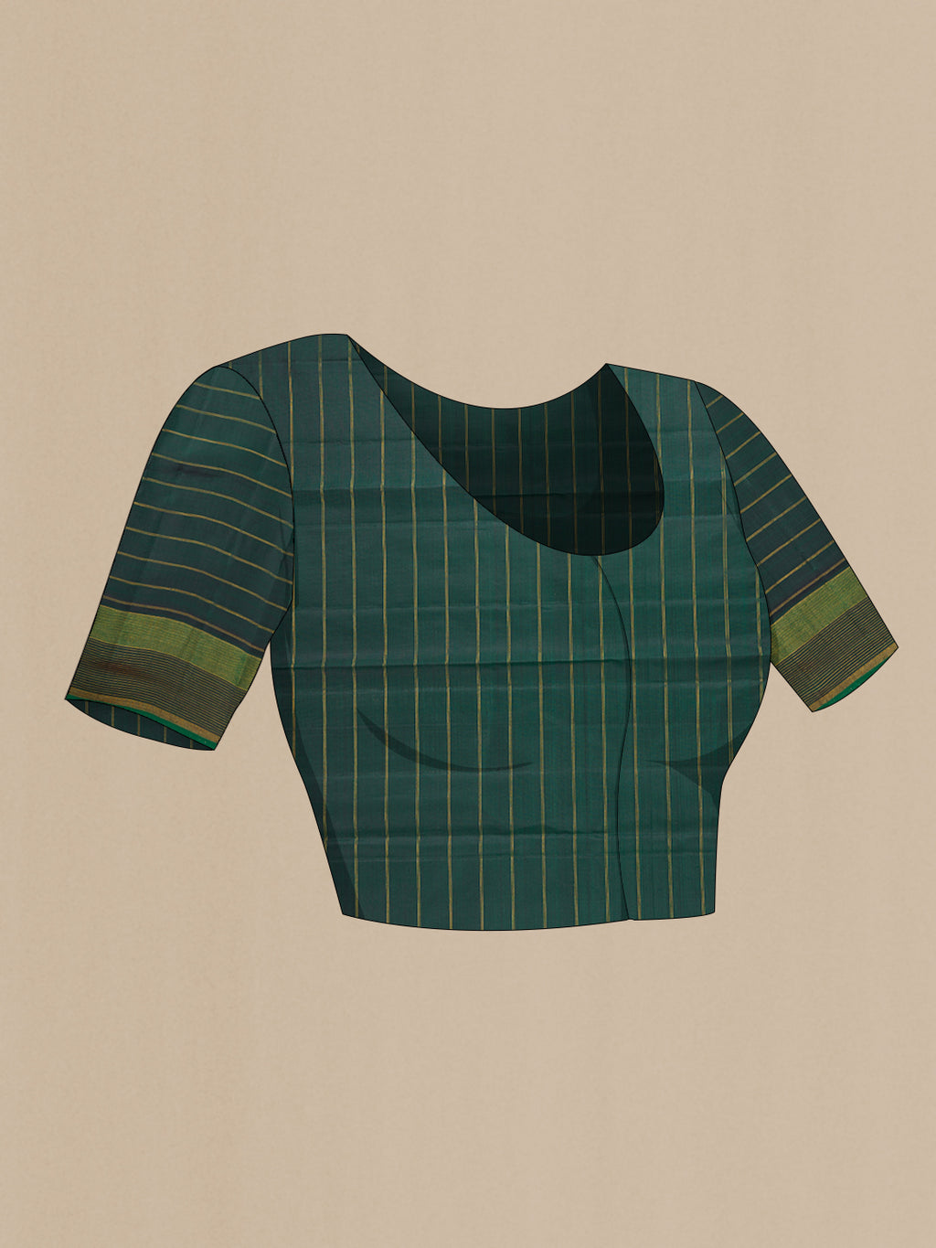 Close up image of the blouse of Green Dual Tone Kanjivaram Silk Saree with Checked design on the body and Zari Border. 