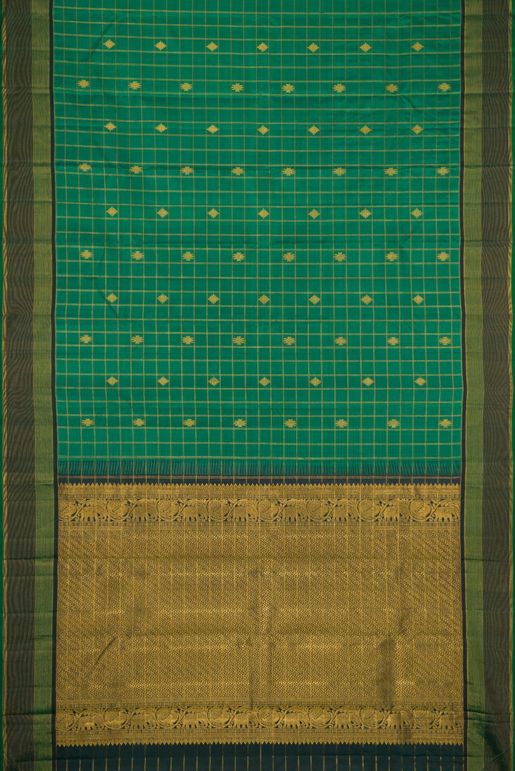 Flat view of Green Dual Tone Kanjivaram Silk Saree with Checked design on the body and Zari Border. 