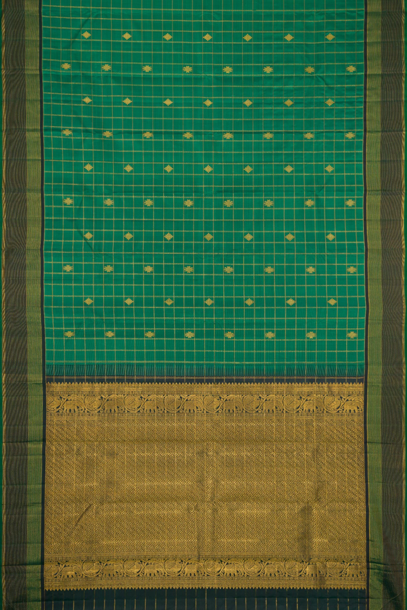 Flat view of Green Dual Tone Kanjivaram Silk Saree with Checked design on the body and Zari Border. 
