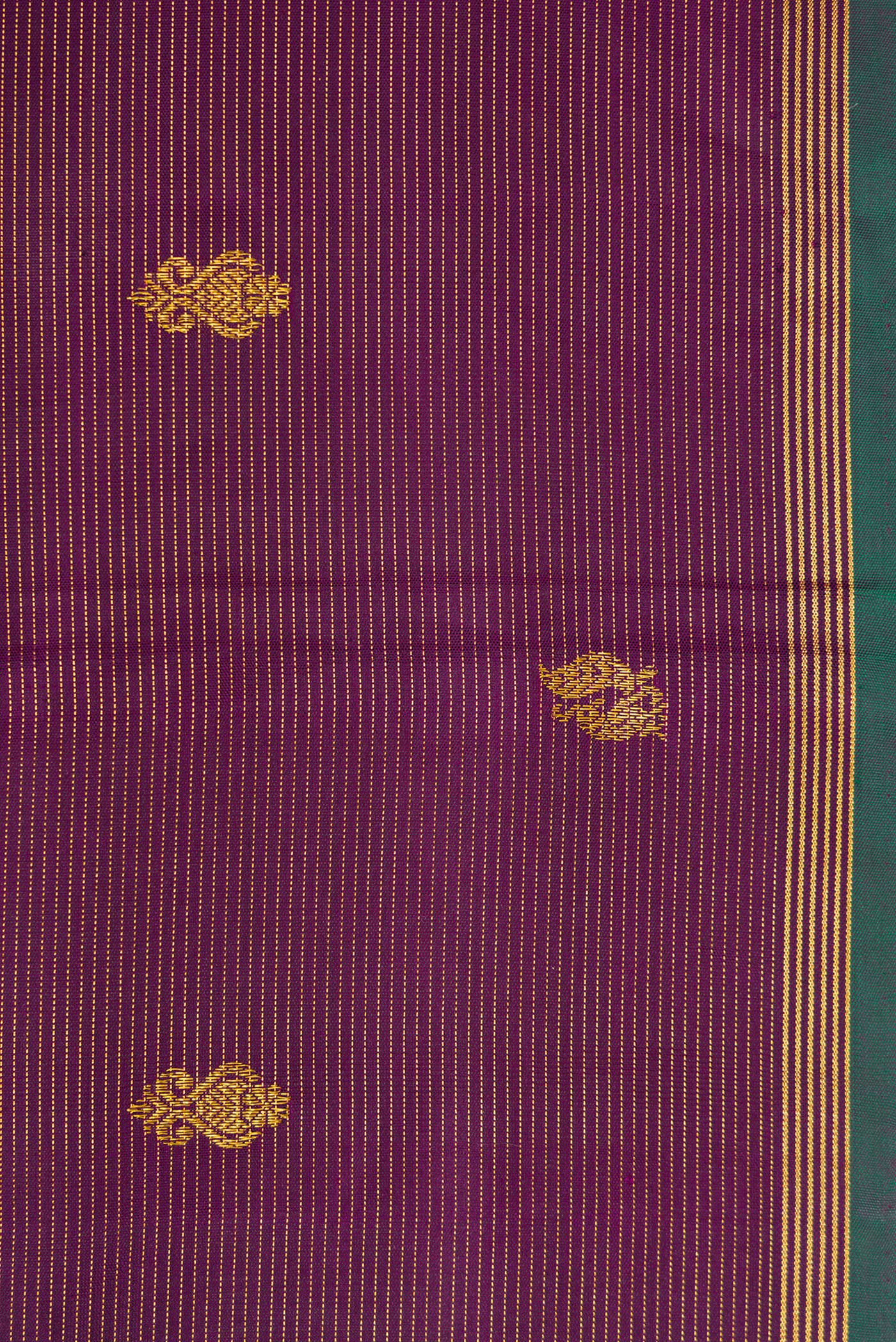 Border image of Pure Silk Pure Zari Burgundy Dual Tone Kanjivaram Saree with Stripes on the body and Zari Border. 