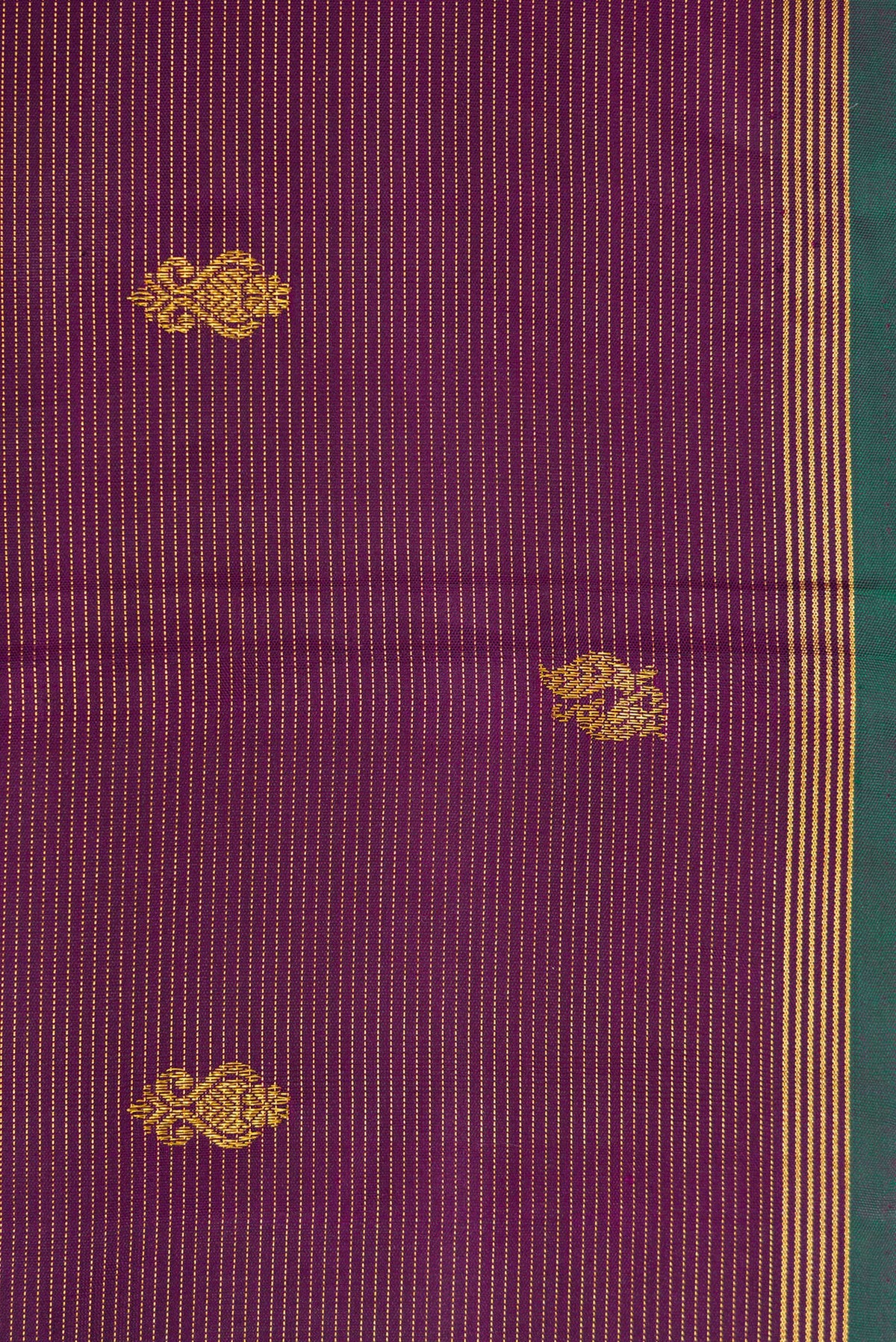 Border image of Pure Silk Pure Zari Burgundy Dual Tone Kanjivaram Saree with Stripes on the body and Zari Border. 
