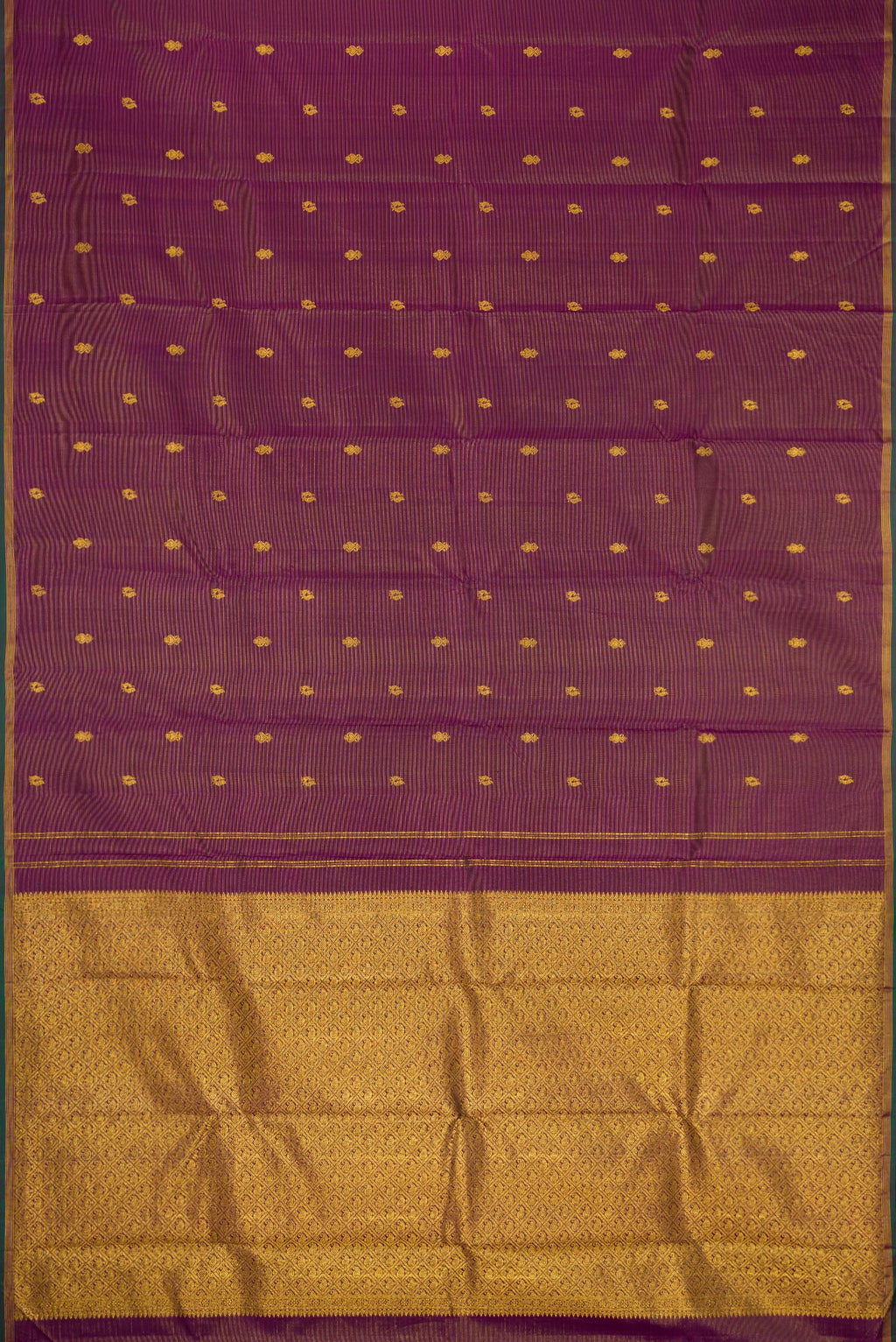 Flat view of Pure Silk Pure Zari Burgundy Dual Tone Kanjivaram Saree with Stripes on the body and Zari Border. 
