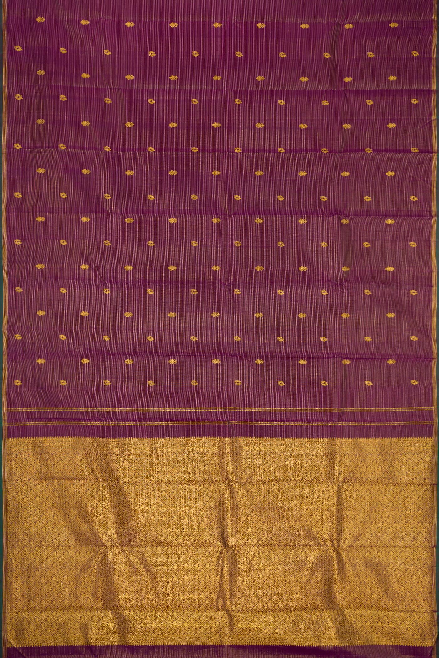 Flat view of Pure Silk Pure Zari Burgundy Dual Tone Kanjivaram Saree with Stripes on the body and Zari Border. 