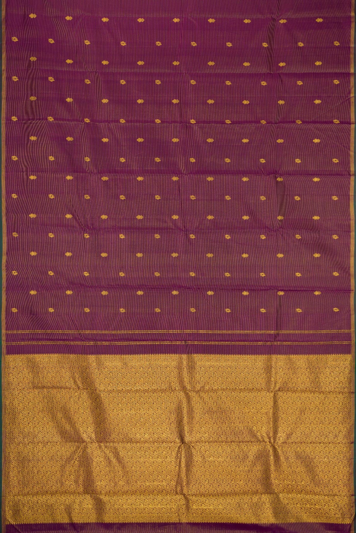 Flat view of Pure Silk Pure Zari Burgundy Dual Tone Kanjivaram Saree with Stripes on the body and Zari Border. 
