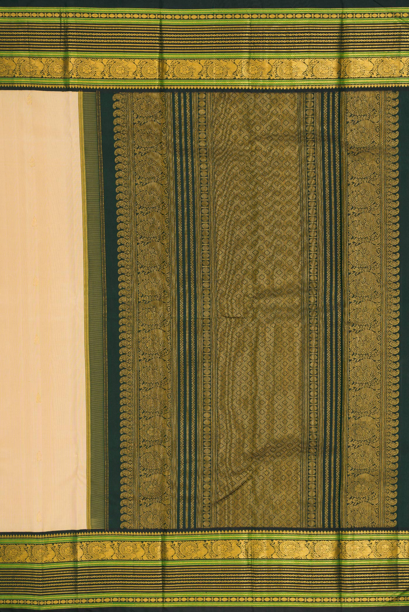 Close up image of the pallu of Pure Silk Pure Zari Sandal Dual Tone Kanchipuram Saree with Zari Butta on the body and Zari Border. 