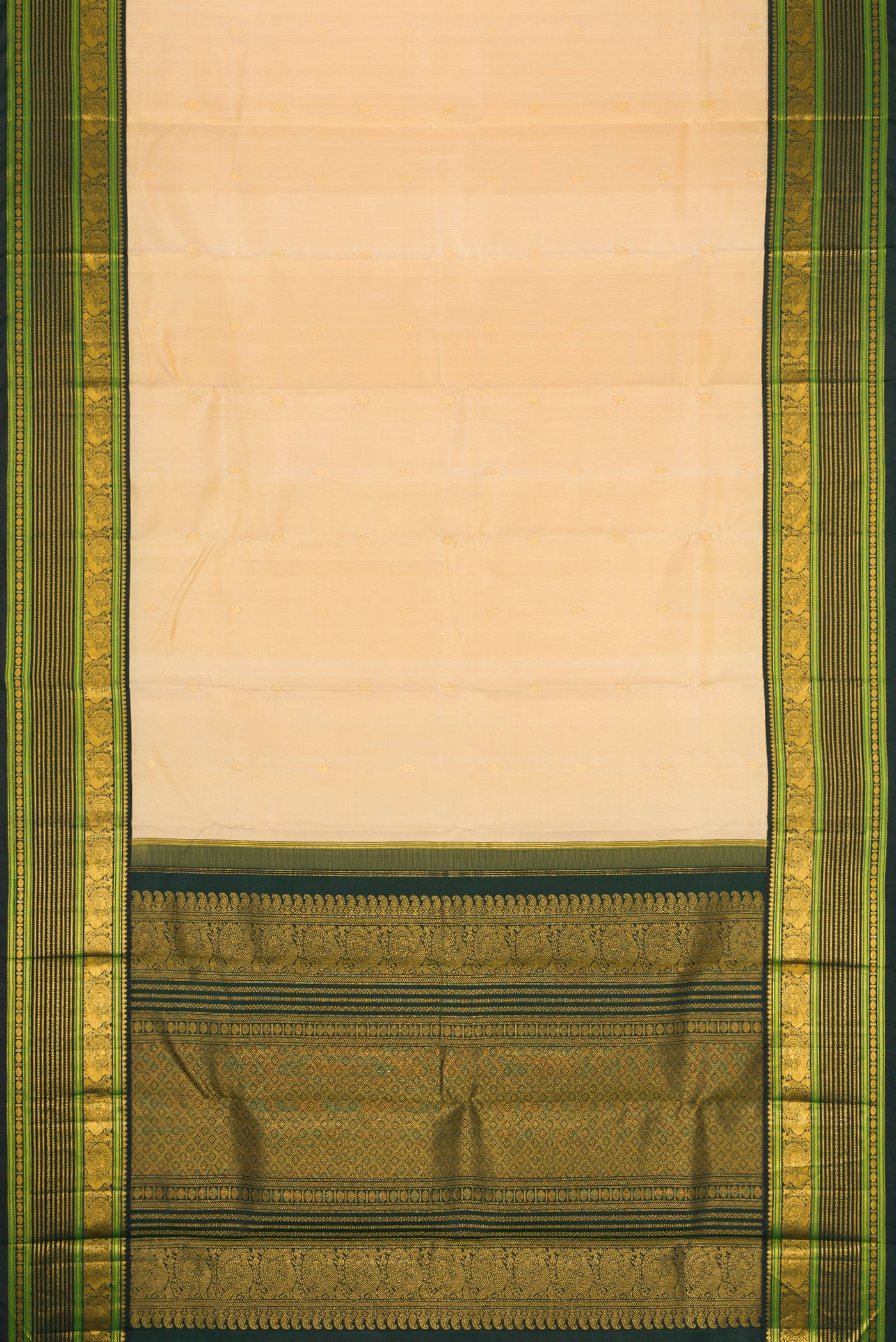 Flat view of Pure Silk Pure Zari Sandal Dual Tone Kanchipuram Saree with Zari Butta on the body and Zari Border. 