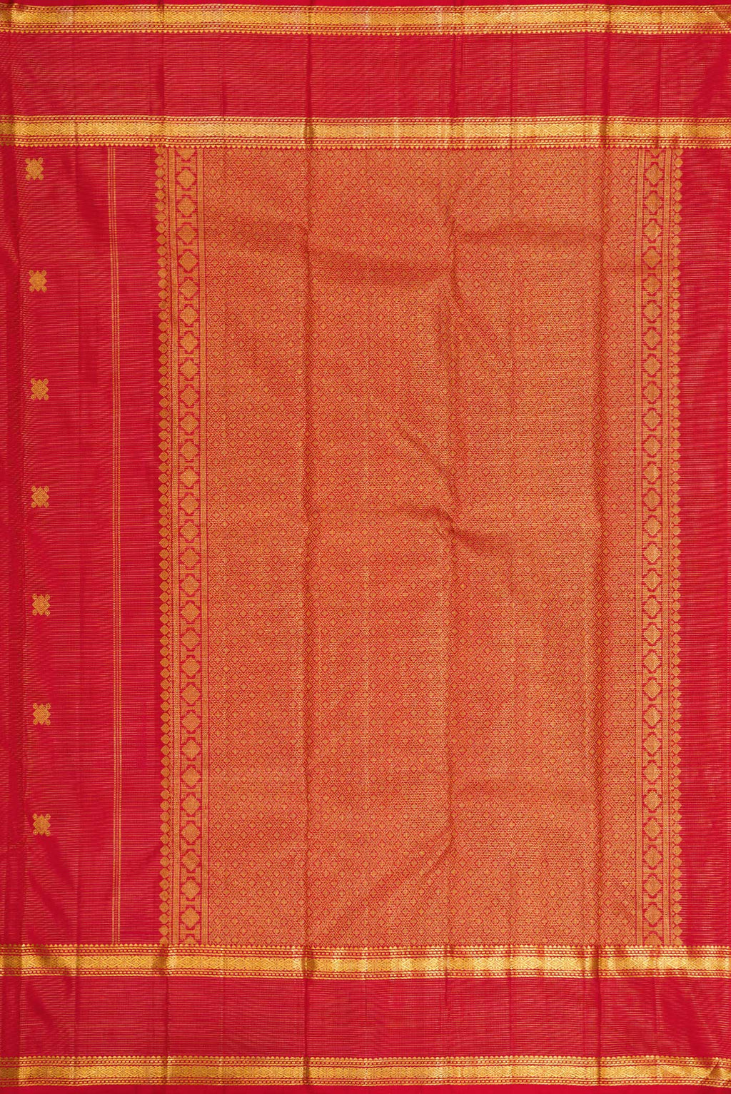 Close up image of the pallu of Pure Silk Pure Zari Red Dual Tone Kanjivaram Saree with Stripes on the body and Zari Border. 