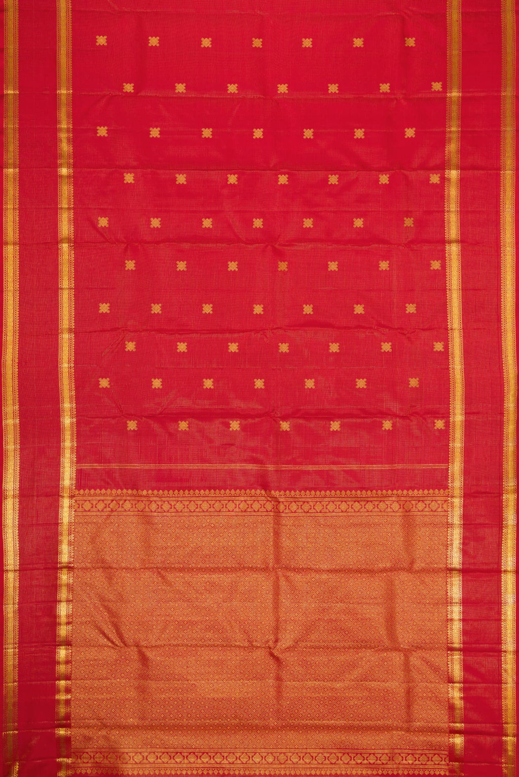 Flat view of Pure Silk Pure Zari Red Dual Tone Kanjivaram Saree with Stripes on the body and Zari Border. 
