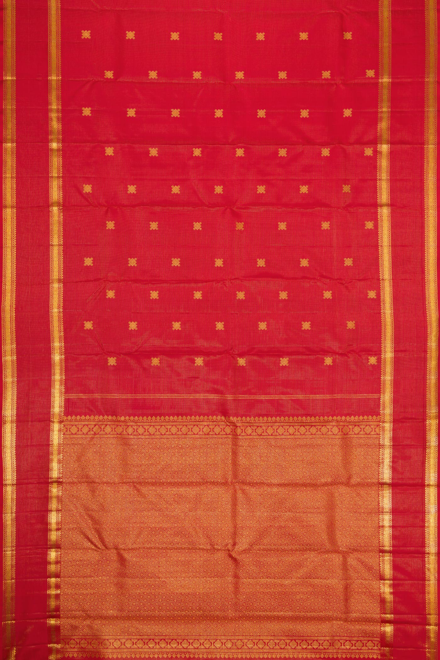 Flat view of Pure Silk Pure Zari Red Dual Tone Kanjivaram Saree with Stripes on the body and Zari Border. 