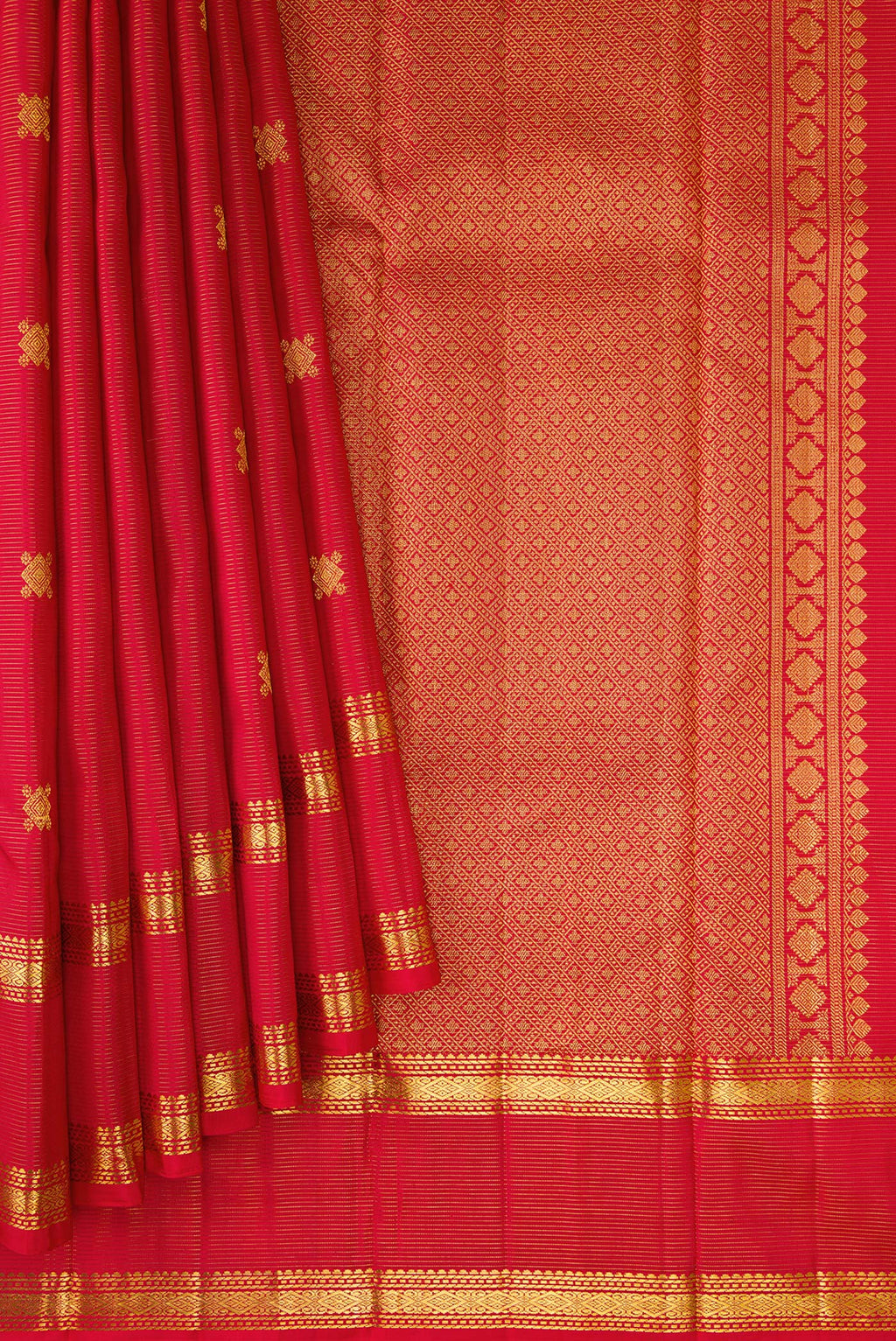 Pleats and pallu of Pure Silk Pure Zari Red Dual Tone Kanjivaram Saree with Stripes on the body and Zari Border. 