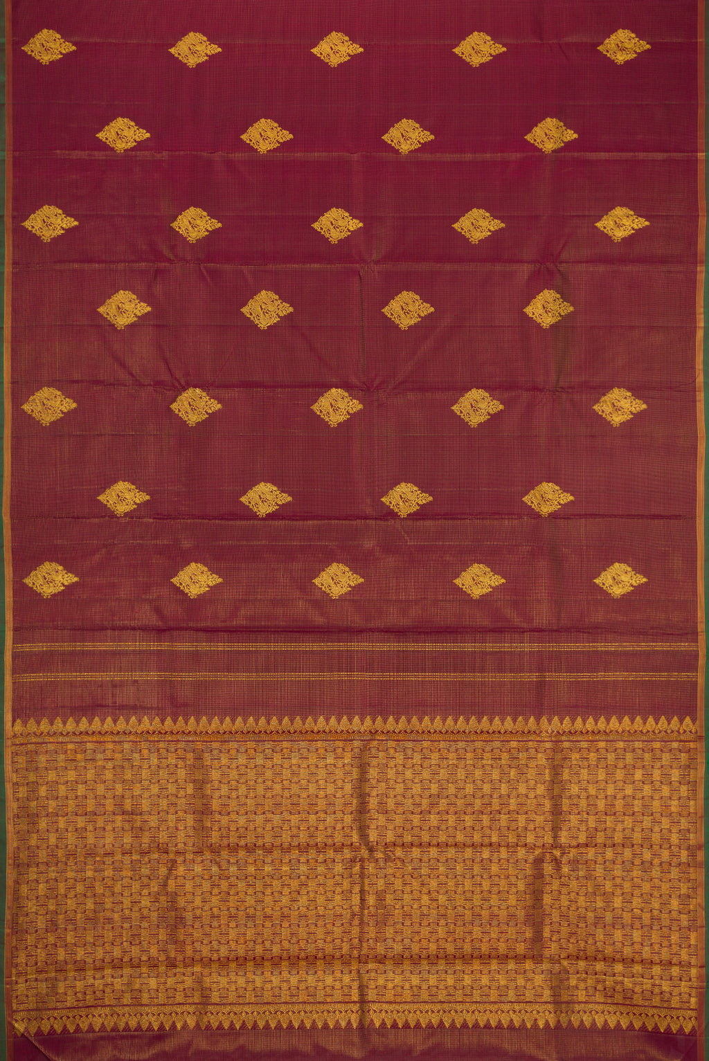 Flat view of Burgundy Dual Tone Kanjivaram Silk Saree with Stripes on the body and Thin Zari Line. 