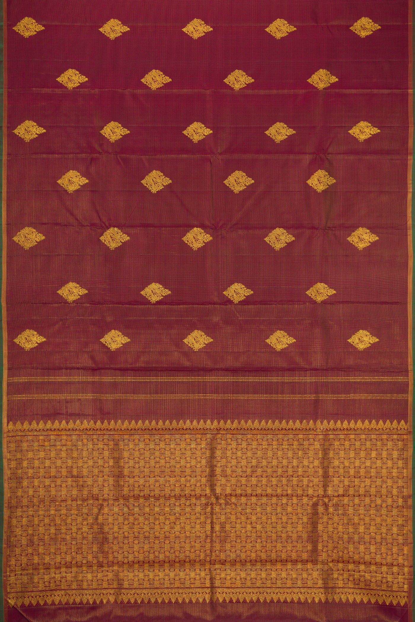 Flat view of Burgundy Dual Tone Kanjivaram Silk Saree with Stripes on the body and Thin Zari Line. 