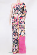 Navy Blue Mysore Silk Saree with Floral Print on the body and Zari Border.  displayed on a mannequin