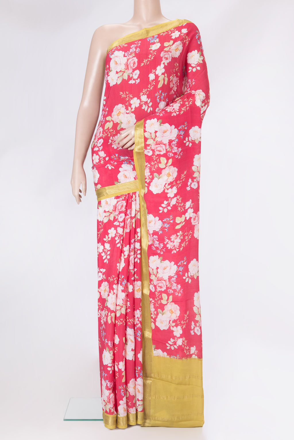 Pink Mysore Silk Saree with Printed design on the body and Zari Border.  displayed on a mannequin