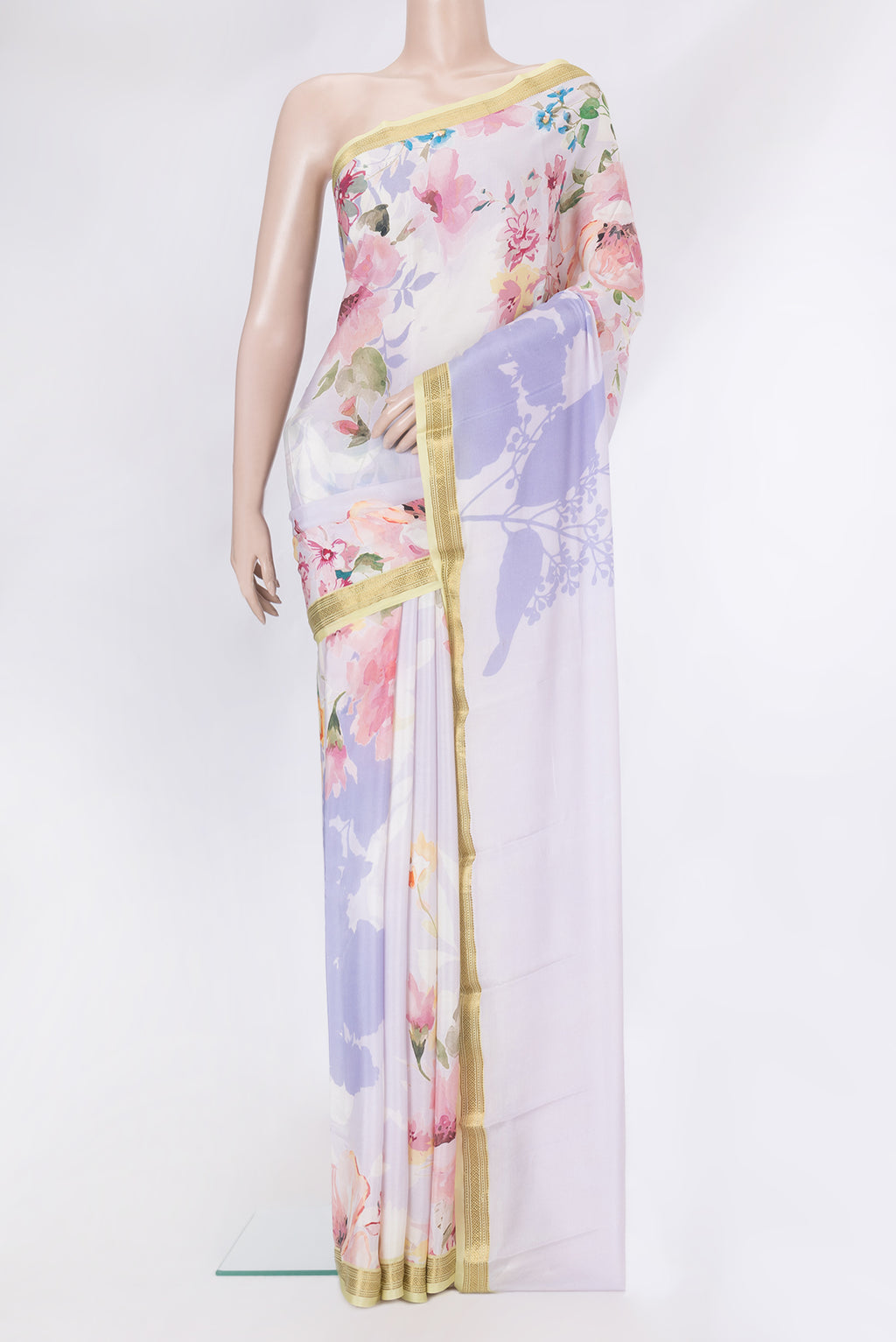 Lavender Dual Tone Mysore Crepe Saree with Printed design on the body and Zari Border.  displayed on a mannequin