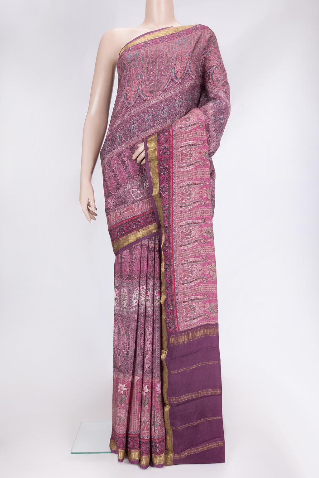 Magenta Dual Tone Mysore Crepe Saree with Printed design on the body and Zari Border.  displayed on a mannequin
