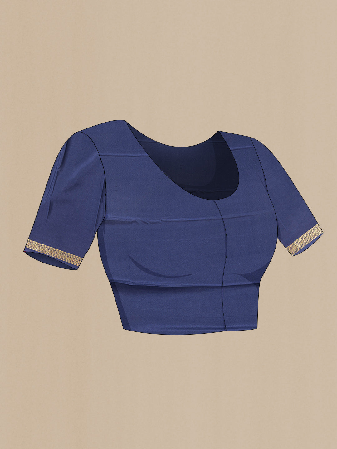 Close up image of the blouse of Navy Blue Dual Tone Mysore Crepe Saree with Printed design on the body and Zari Border. 