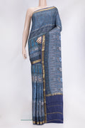 Navy Blue Dual Tone Mysore Crepe Saree with Printed design on the body and Zari Border.  displayed on a mannequin