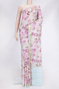 Beige Dual Tone Mysore Crepe Saree with Printed design on the body and Zari Border.  displayed on a mannequin