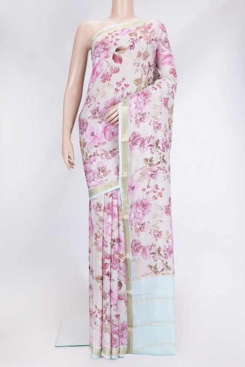 Beige Dual Tone Mysore Crepe Saree with Printed design on the body and Zari Border.  displayed on a mannequin
