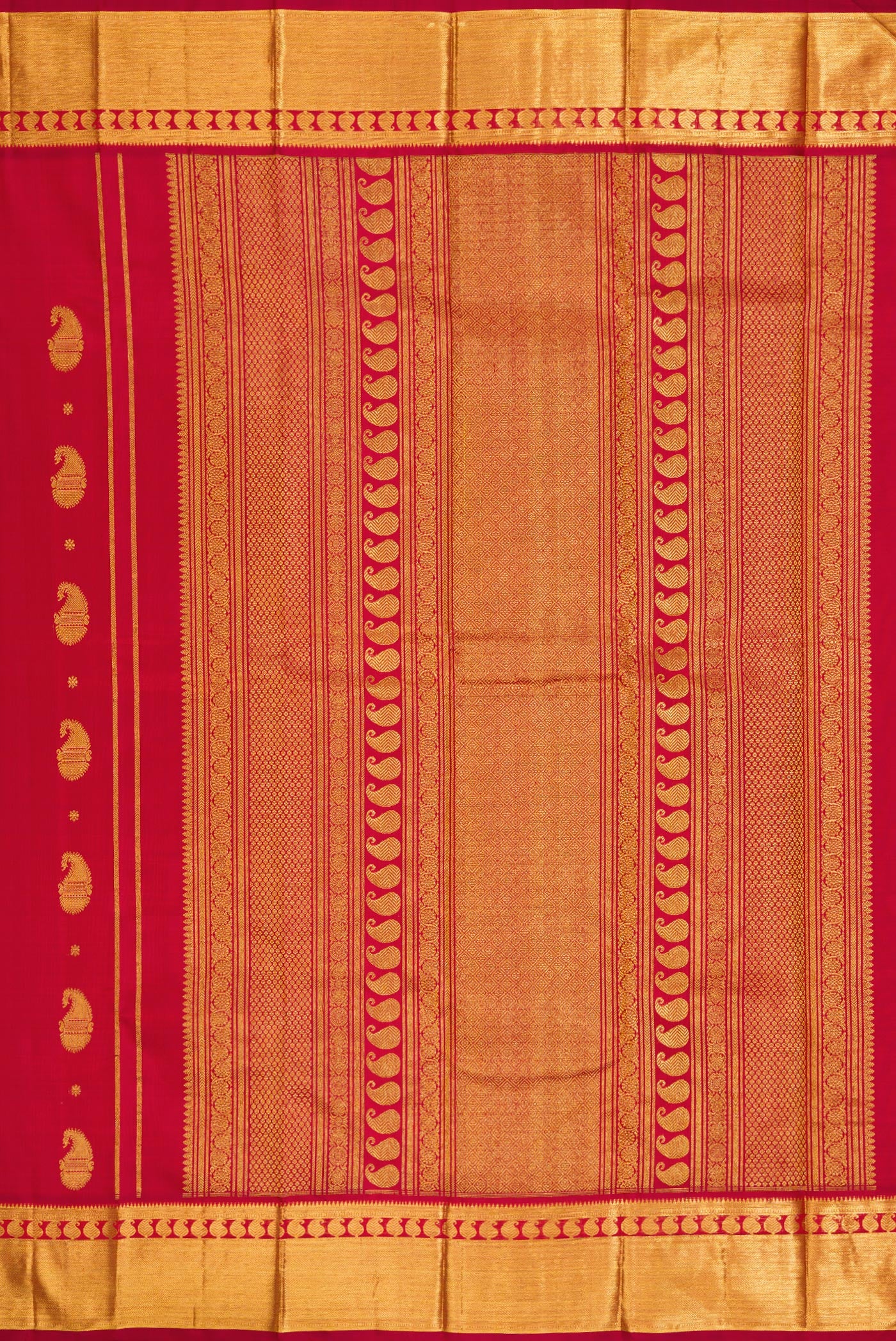 Close up image of the pallu of Pure Silk Pure Zari Red Dual Tone Kanjivaram Saree with Zari Butta on the body and Zari Border. 