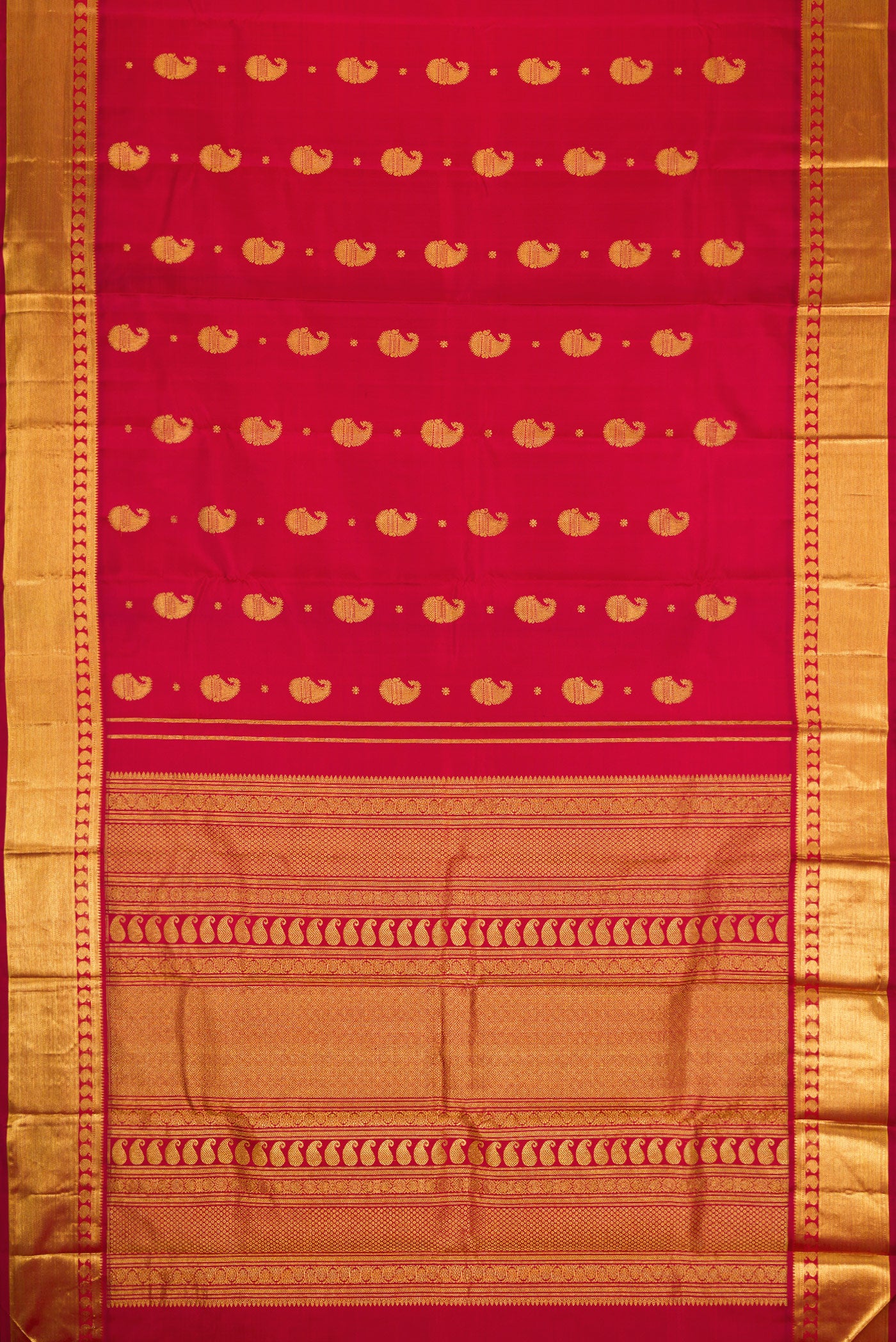 Flat view of Pure Silk Pure Zari Red Dual Tone Kanjivaram Saree with Zari Butta on the body and Zari Border. 
