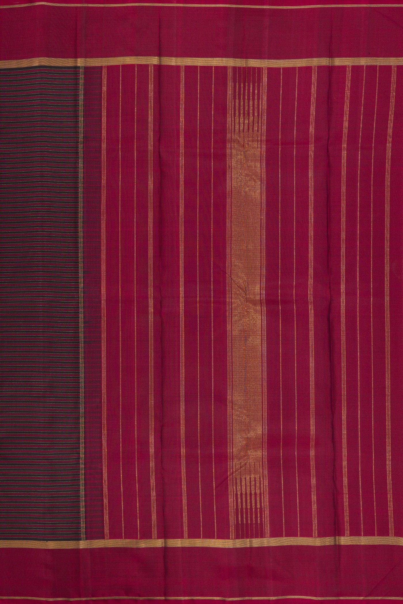 Close up image of the pallu of Pure Silk Pure Zari Burgundy Dual Tone Kanchipuram Saree with Stripes on the body and Zari Border. 