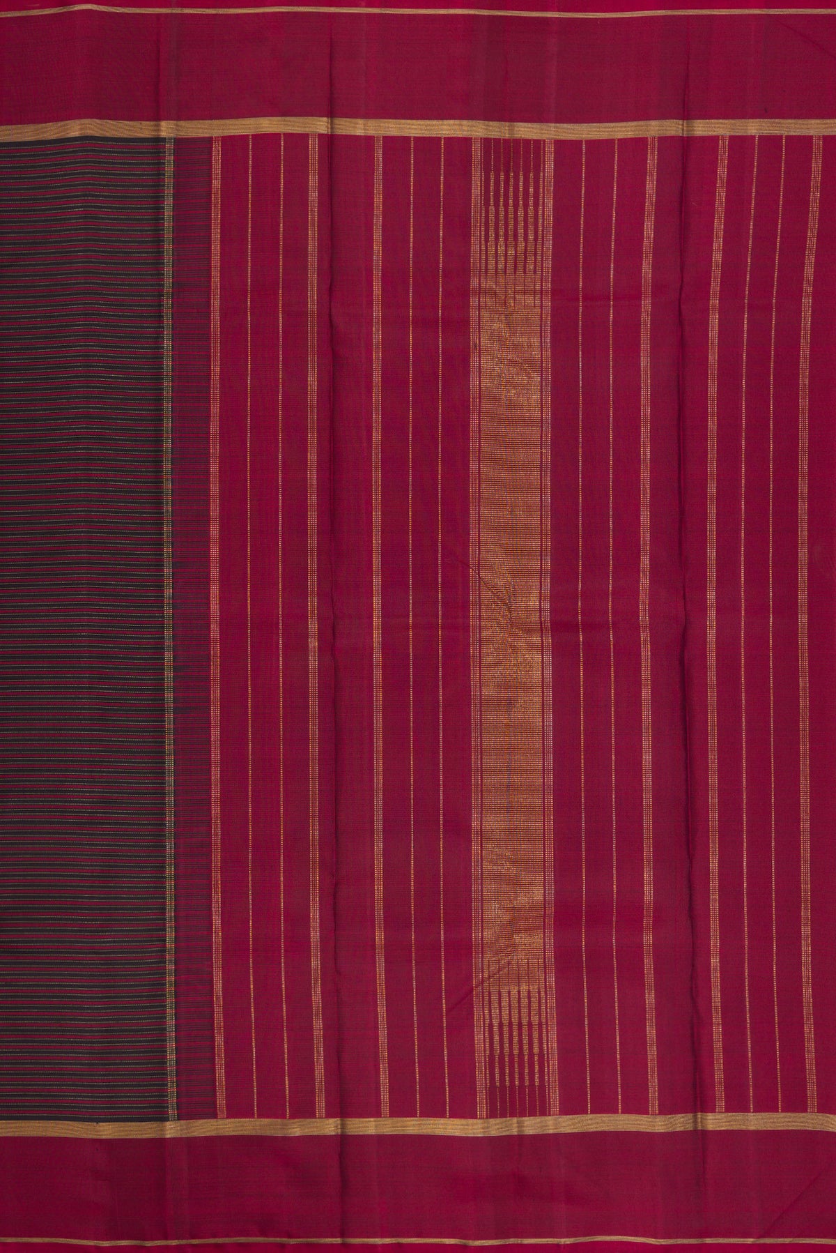 Close up image of the pallu of Pure Silk Pure Zari Burgundy Dual Tone Kanchipuram Saree with Stripes on the body and Zari Border. 