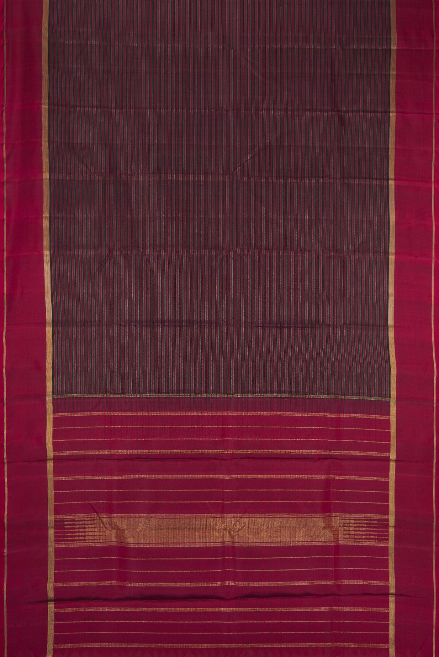 Flat view of Pure Silk Pure Zari Burgundy Dual Tone Kanchipuram Saree with Stripes on the body and Zari Border. 