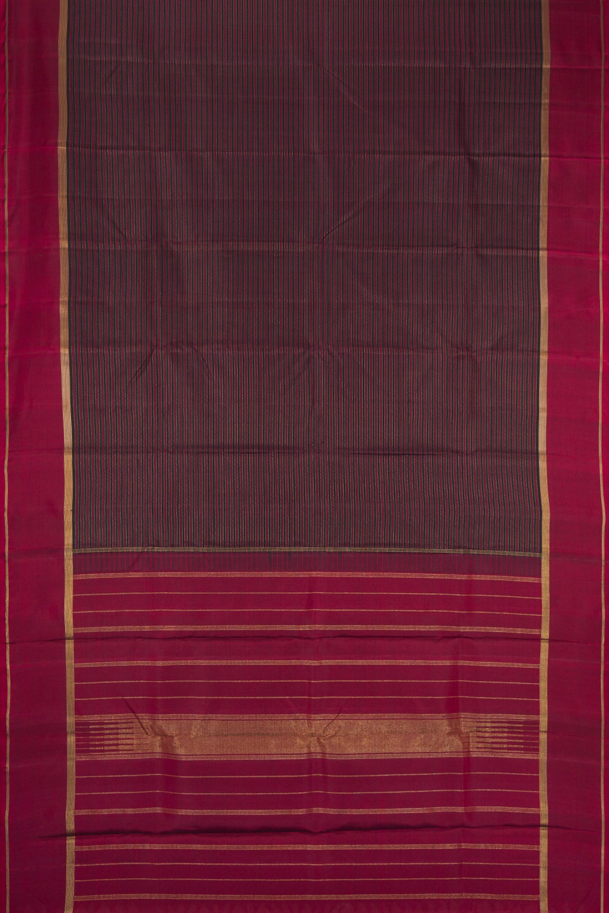 Flat view of Pure Silk Pure Zari Burgundy Dual Tone Kanchipuram Saree with Stripes on the body and Zari Border. 