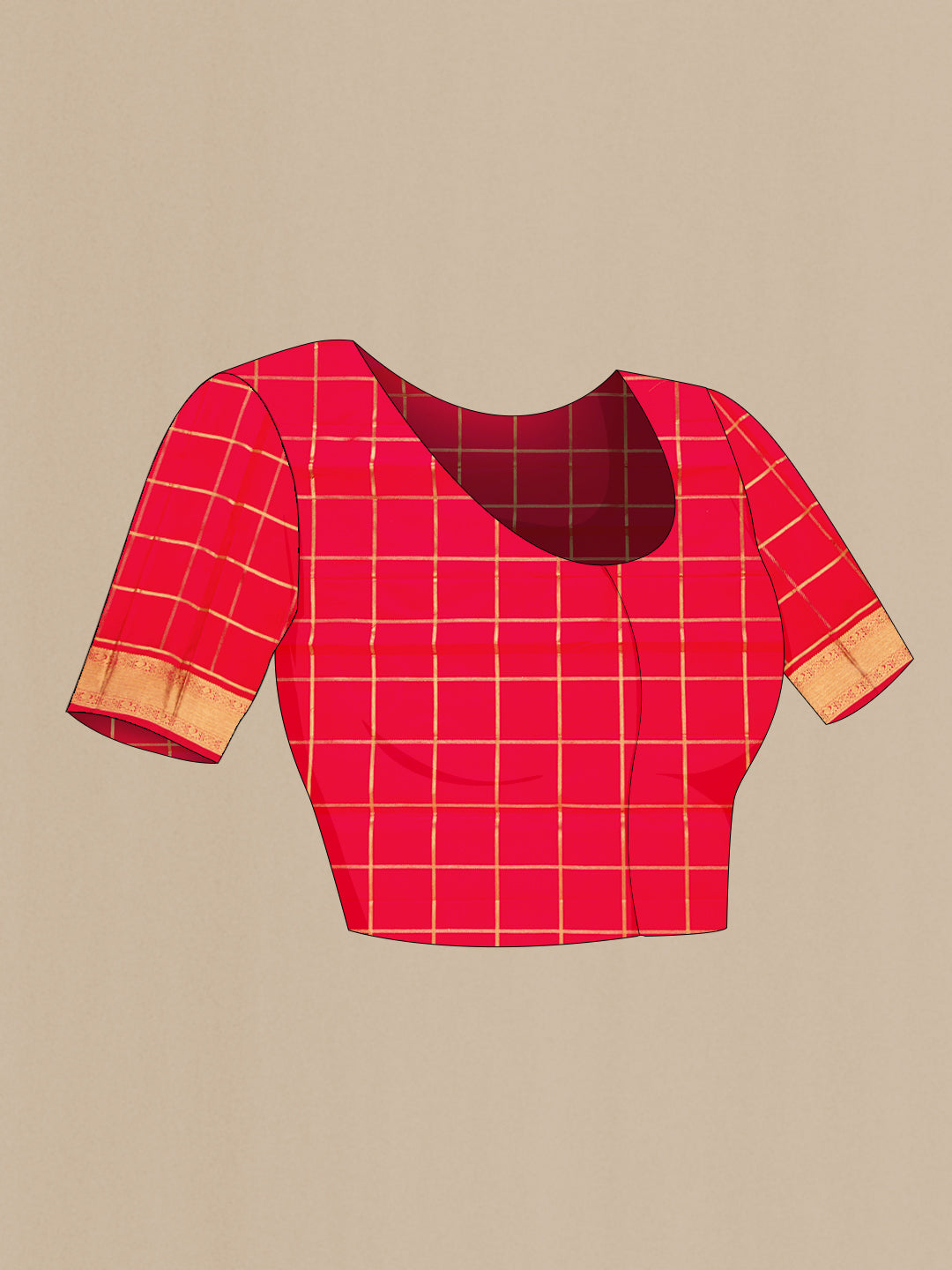 Close up image of the blouse of Pure Silk Pure Zari Red Dual Tone Kanjivaram Saree with Checked design on the body and Zari Border. 