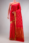 Pure Silk Pure Zari Red Dual Tone Kanjivaram Saree with Checked design on the body and Zari Border.  displayed on a mannequin