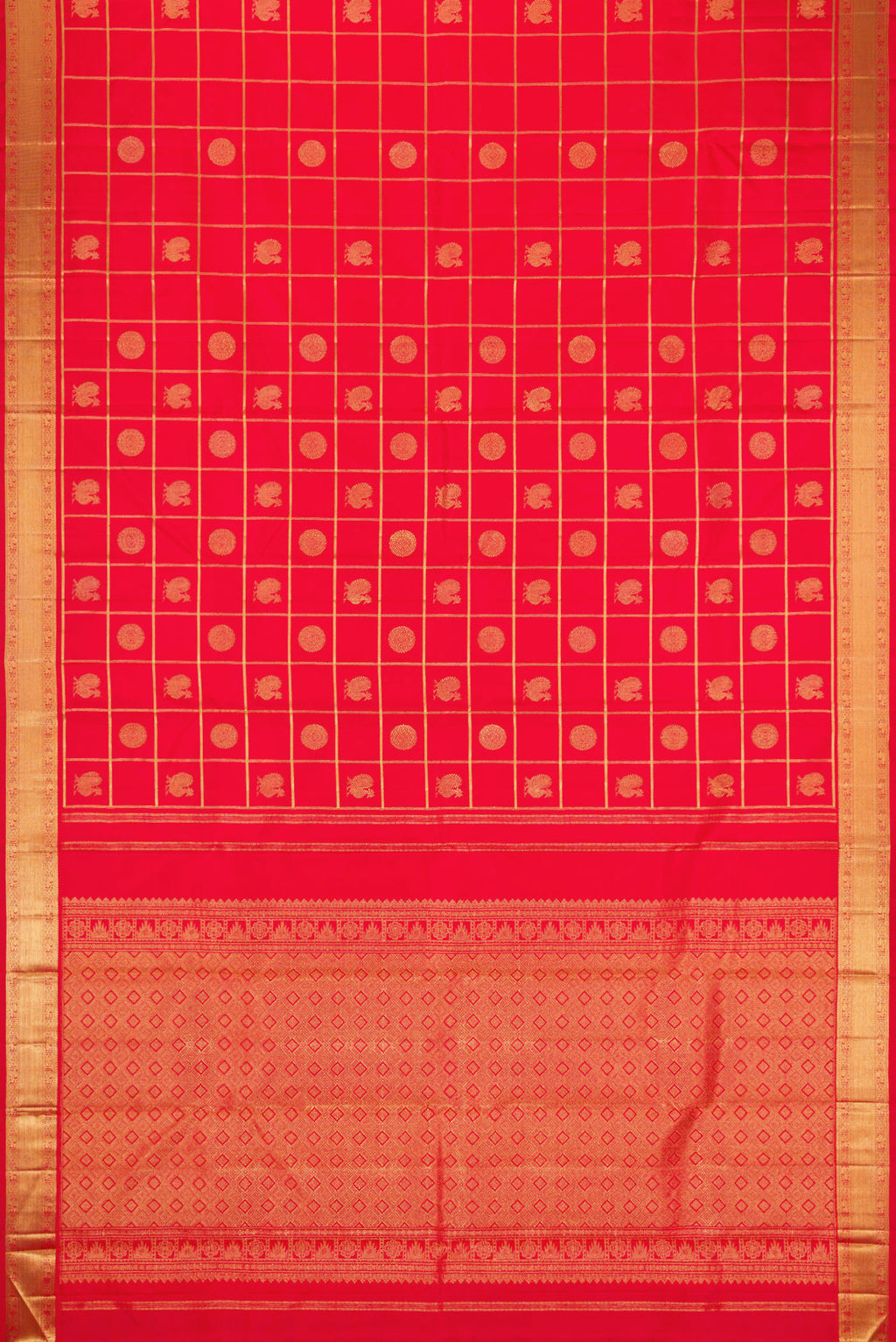 Flat view of Pure Silk Pure Zari Red Dual Tone Kanjivaram Saree with Checked design on the body and Zari Border. 