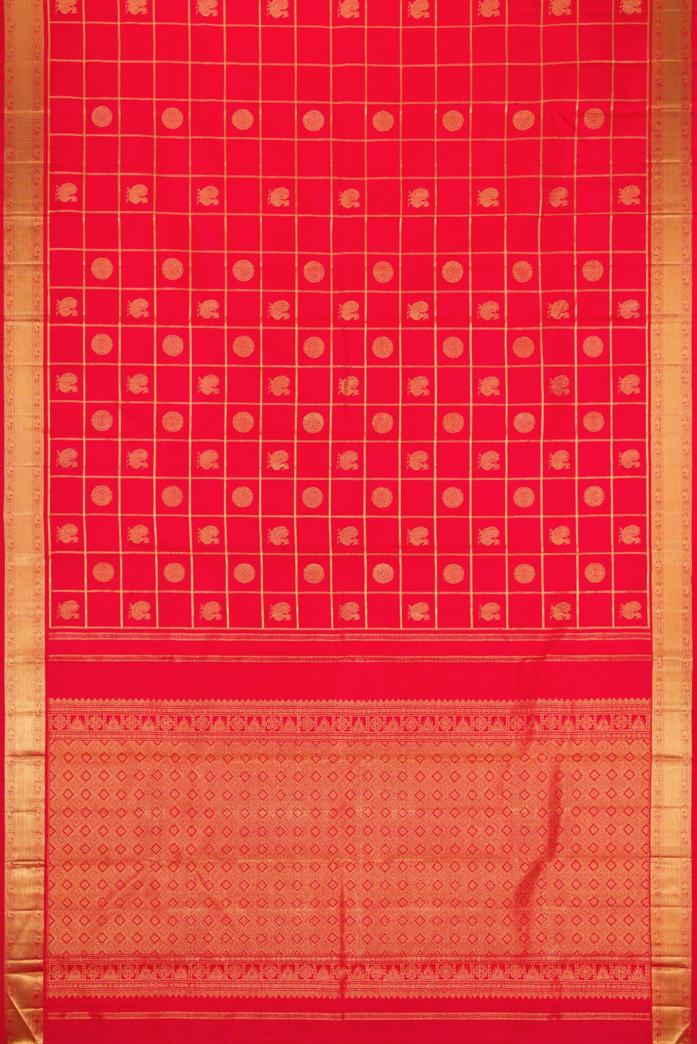 Flat view of Pure Silk Pure Zari Red Dual Tone Kanjivaram Saree with Checked design on the body and Zari Border. 