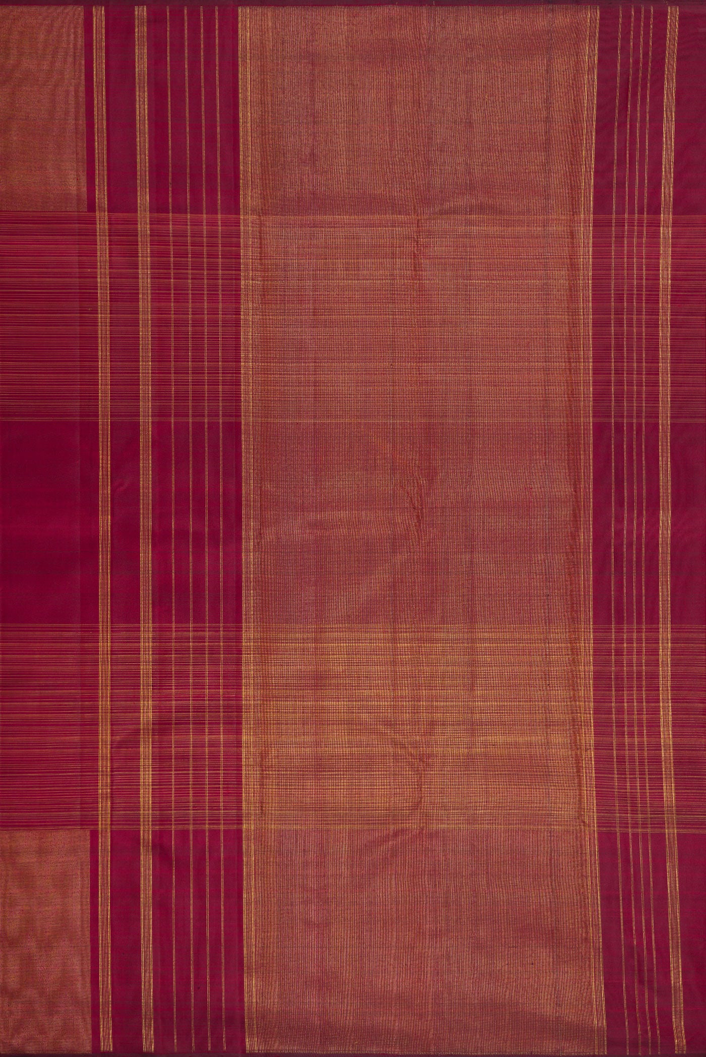 Close up image of the pallu of Pure Silk Pure Zari Burgundy Dual Tone Kanchipuram Saree with Stripes on the body and Without Border. 