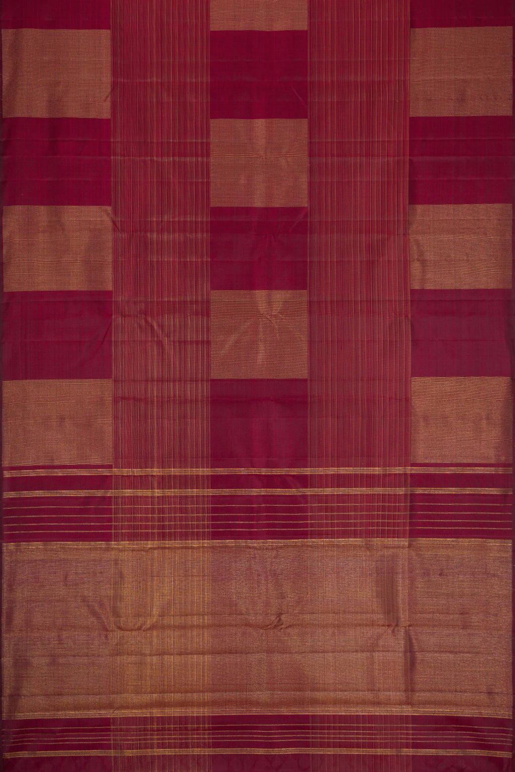 Flat view of Pure Silk Pure Zari Burgundy Dual Tone Kanchipuram Saree with Stripes on the body and Without Border. 