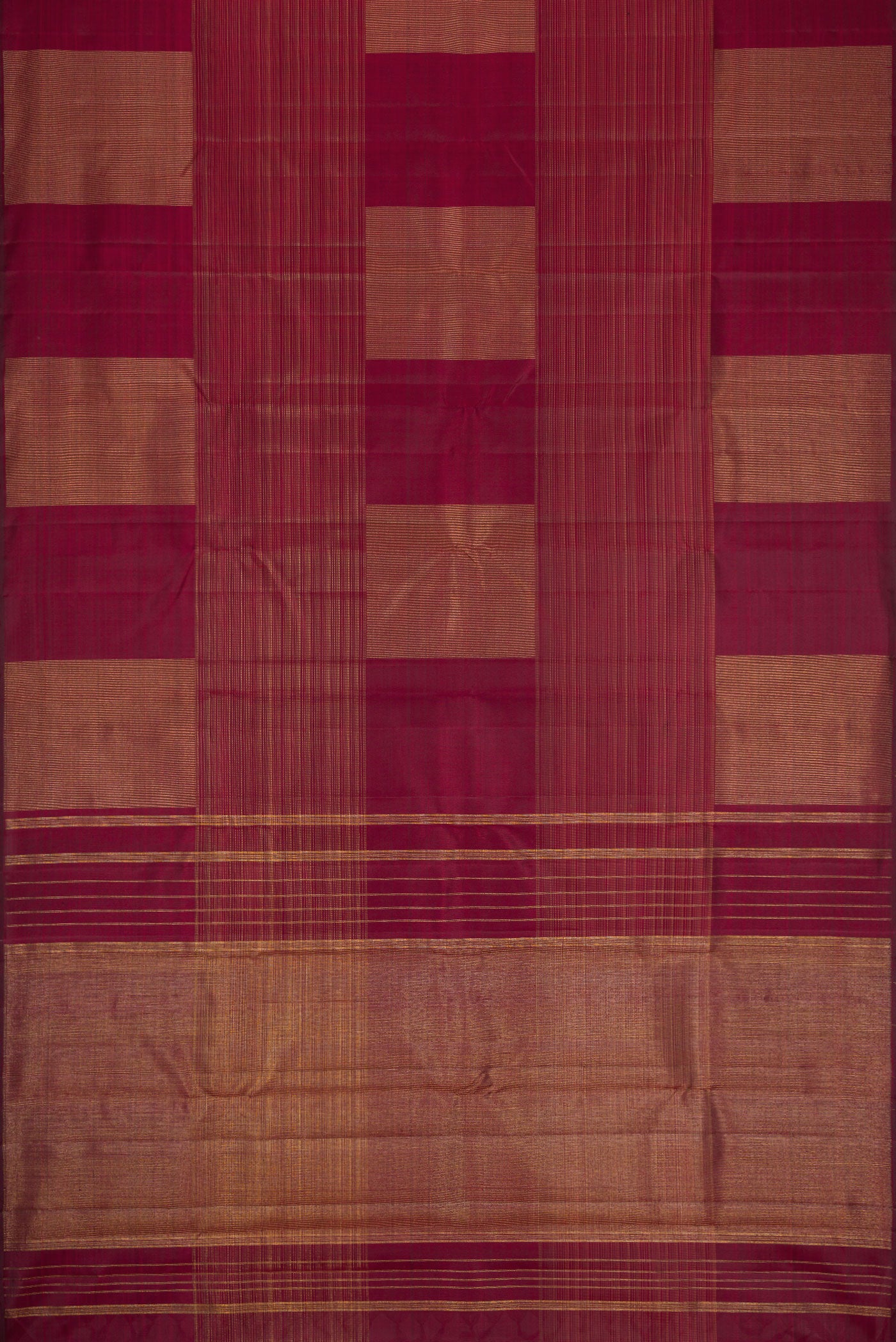Flat view of Pure Silk Pure Zari Burgundy Dual Tone Kanchipuram Saree with Stripes on the body and Without Border. 