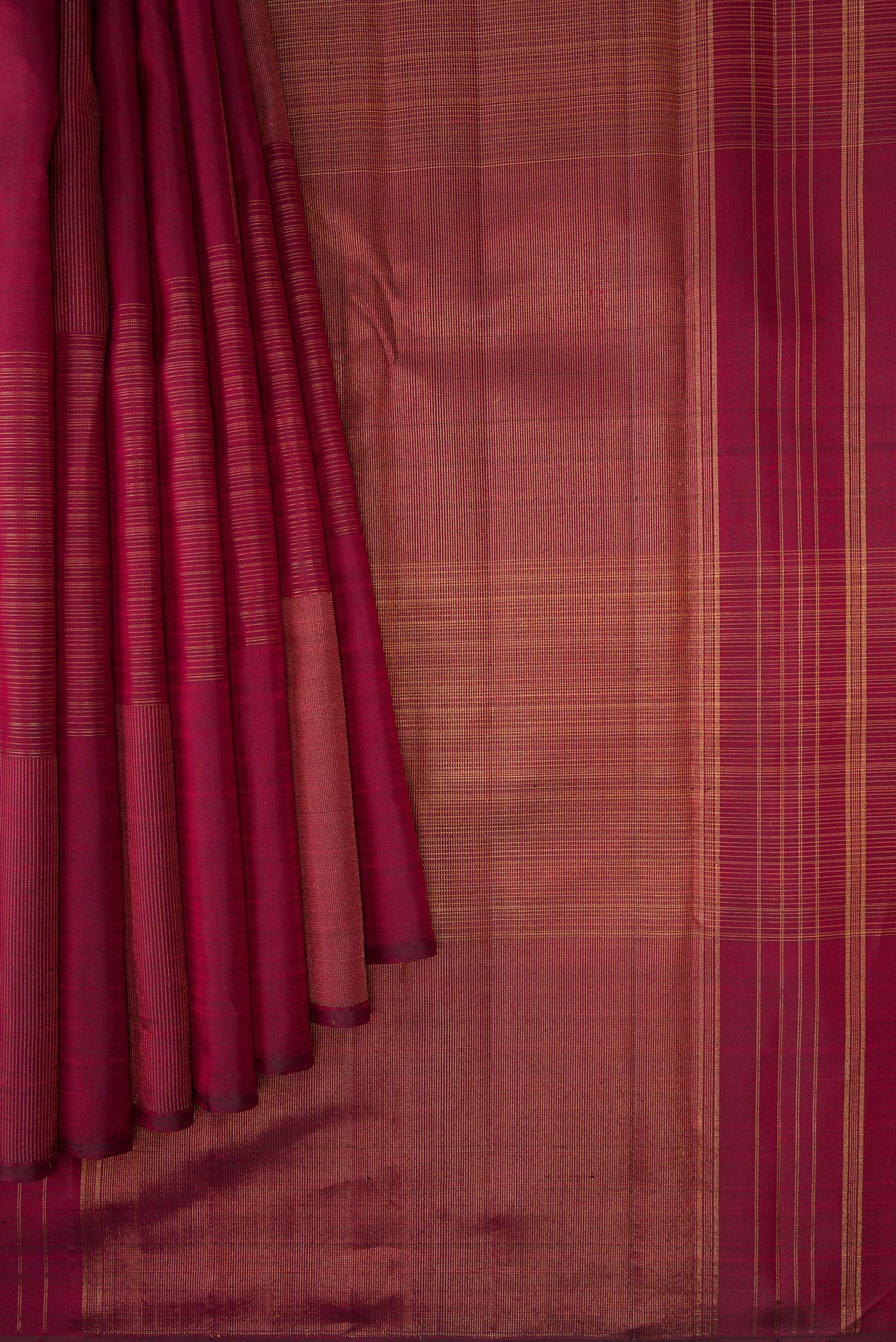 Pleats and pallu of Pure Silk Pure Zari Burgundy Dual Tone Kanchipuram Saree with Stripes on the body and Without Border. 