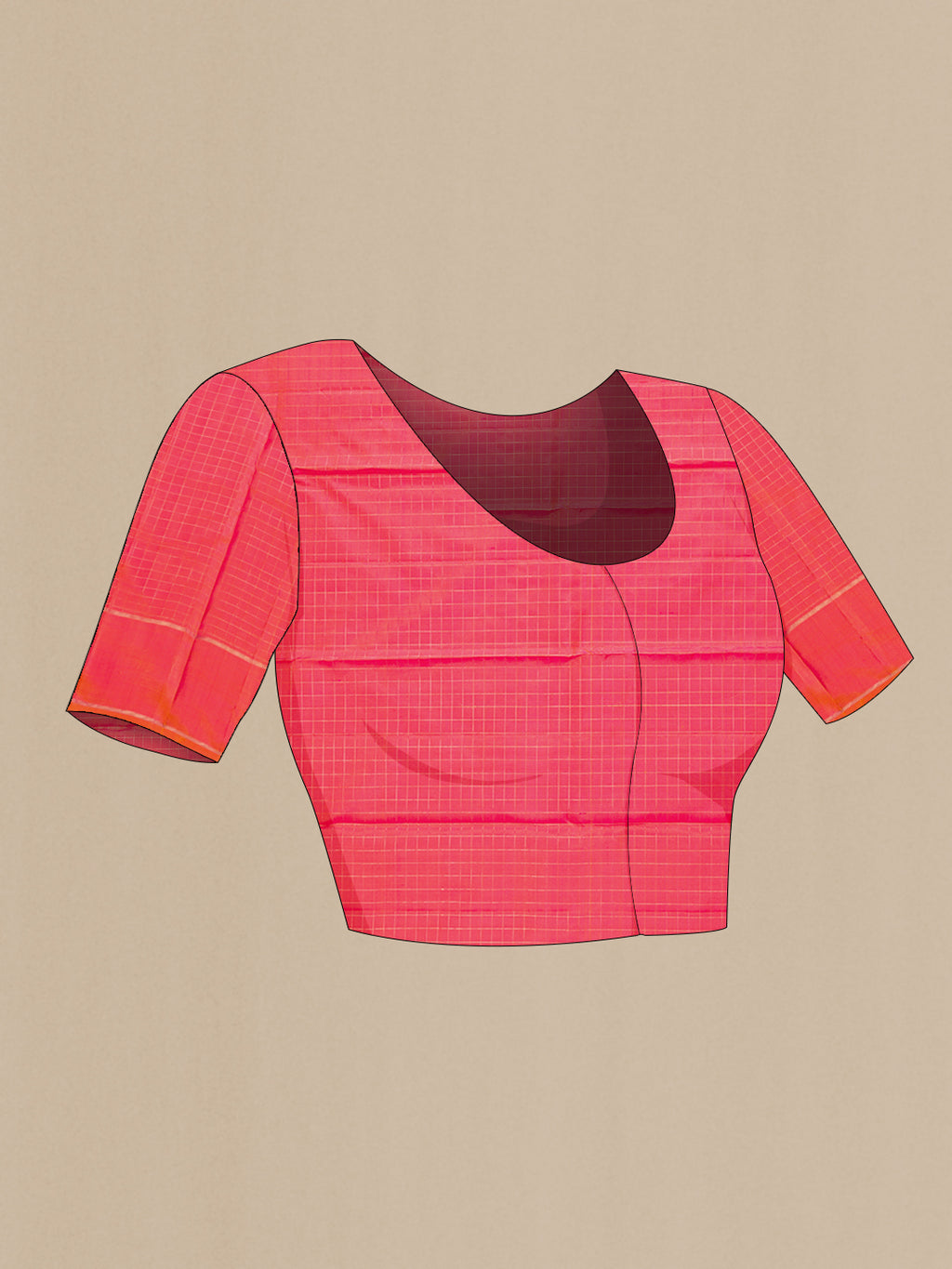 Close up image of the blouse of Pure Silk Pure Zari Coral Dual Tone Kanchipuram Saree with Zari Butta on the body and Zari Border. 