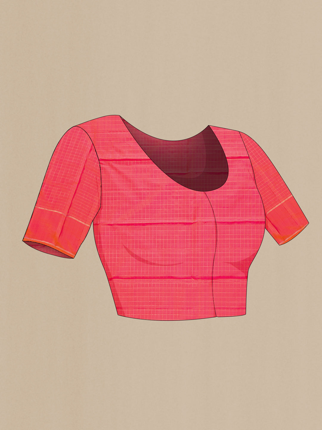 Close up image of the blouse of Pure Silk Pure Zari Coral Dual Tone Kanchipuram Saree with Zari Butta on the body and Zari Border. 