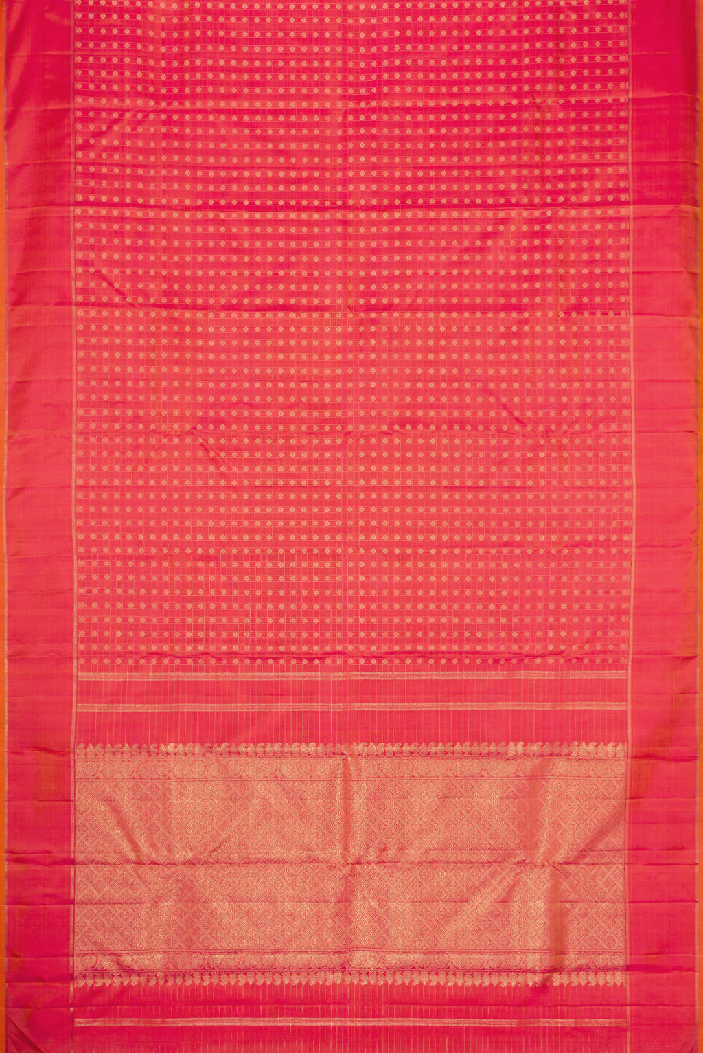 Flat view of Pure Silk Pure Zari Coral Dual Tone Kanchipuram Saree with Zari Butta on the body and Zari Border. 