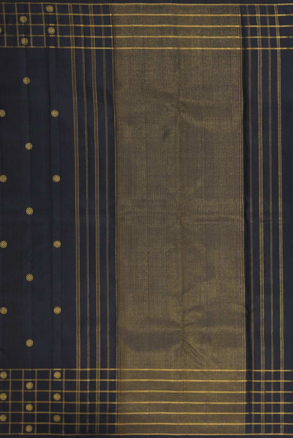 Close up image of the pallu of Black Kanchipuram Silk Saree with Zari Butta on the body and Checks Border. 