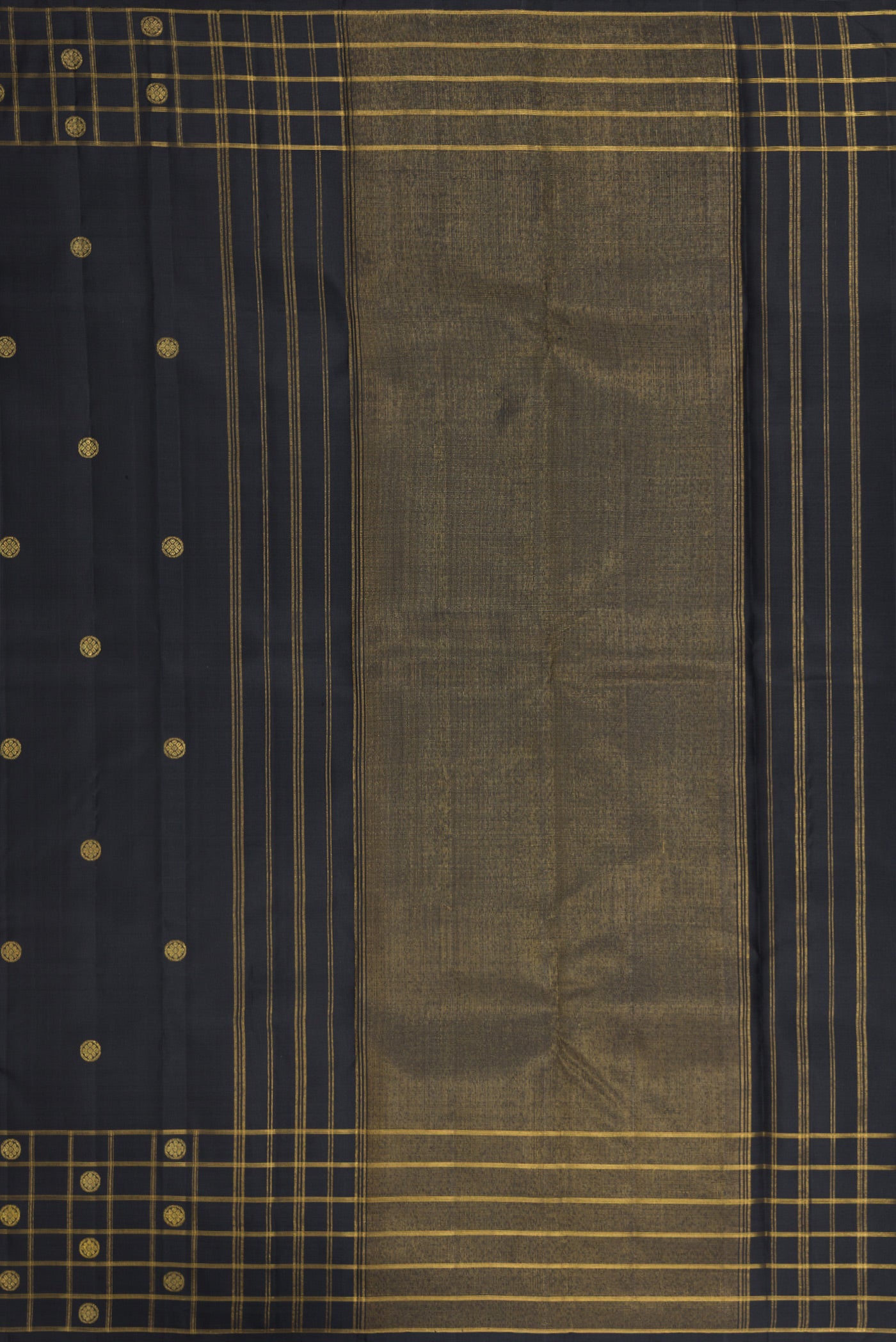 Close up image of the pallu of Black Kanchipuram Silk Saree with Zari Butta on the body and Checks Border. 
