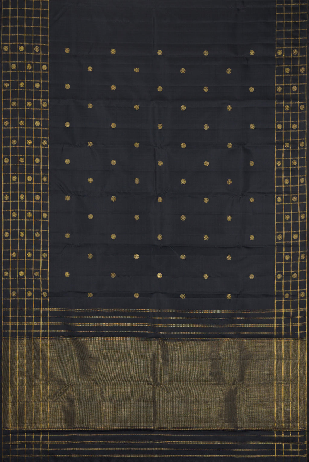 Flat view of Black Kanchipuram Silk Saree with Zari Butta on the body and Checks Border. 