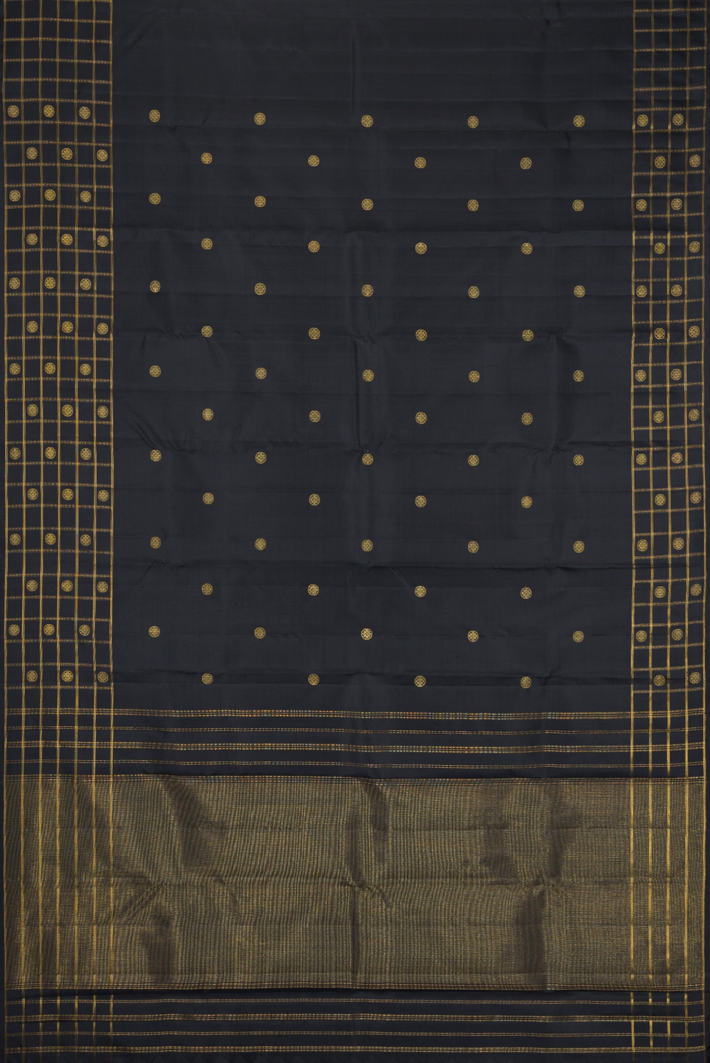 Flat view of Black Kanchipuram Silk Saree with Zari Butta on the body and Checks Border. 