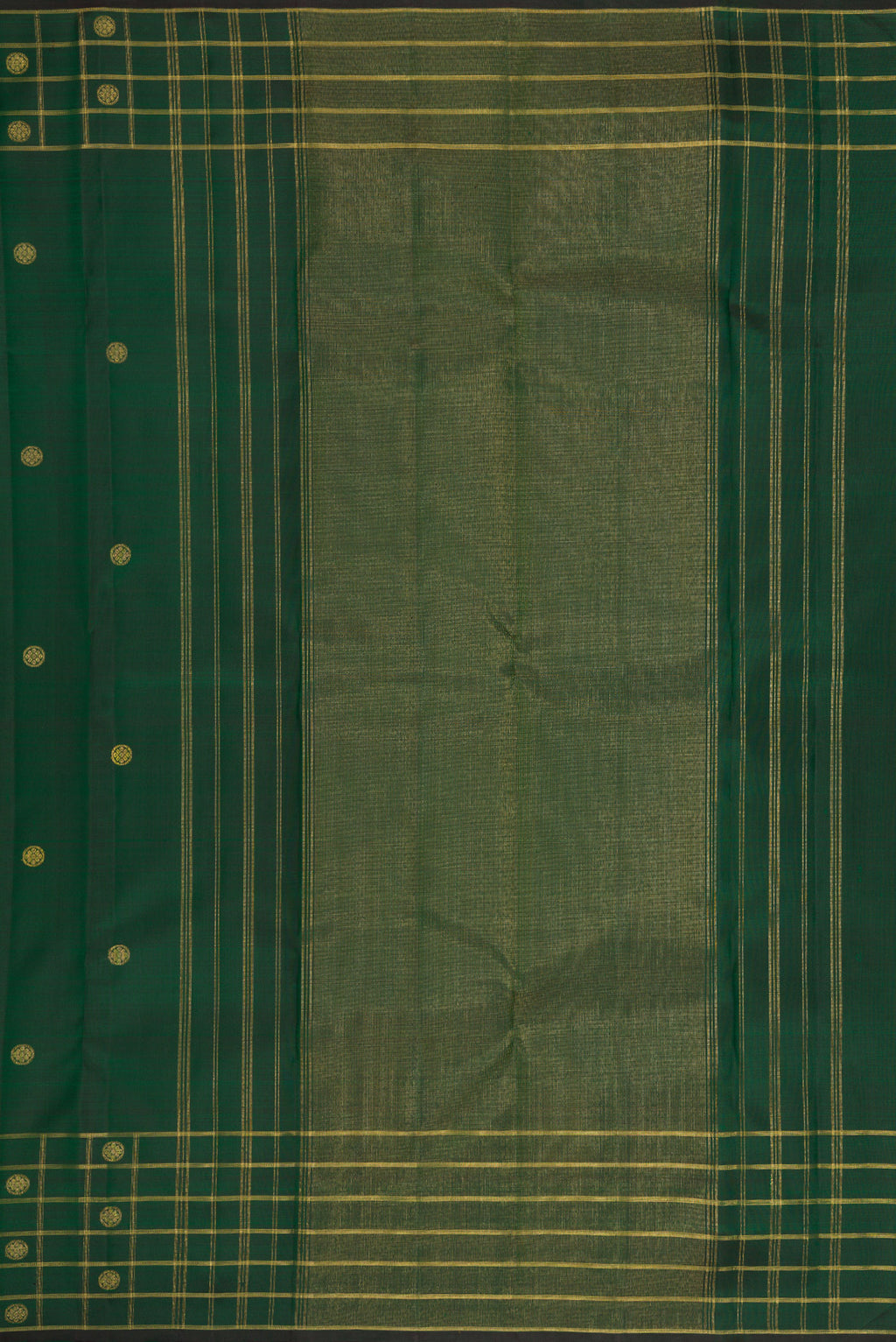 Close up image of the pallu of Pure Silk Pure Zari Green Dual Tone Kanchipuram Saree with Zari Butta on the body and Zari Border. 