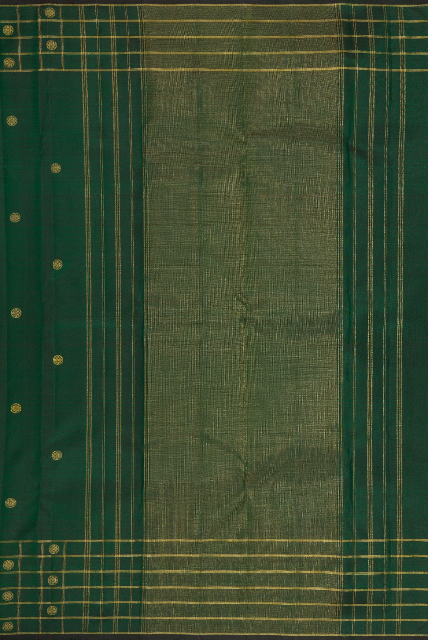 Close up image of the pallu of Pure Silk Pure Zari Green Dual Tone Kanchipuram Saree with Zari Butta on the body and Zari Border. 