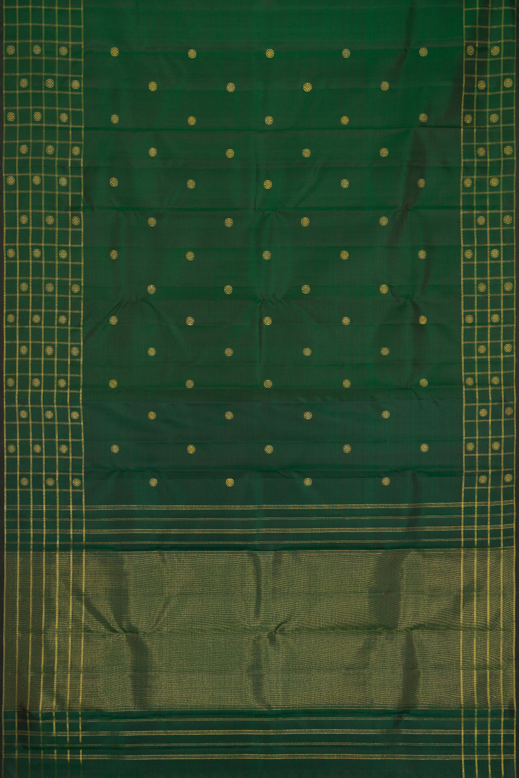 Flat view of Pure Silk Pure Zari Green Dual Tone Kanchipuram Saree with Zari Butta on the body and Zari Border. 
